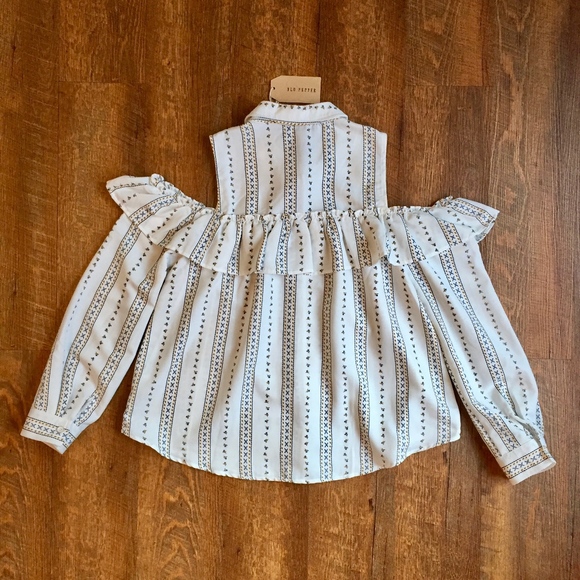 Blu Pepper Collared Floral Stripe Button Down Ruffled Cold Shoulder Medium Top - Picture 4 of 7